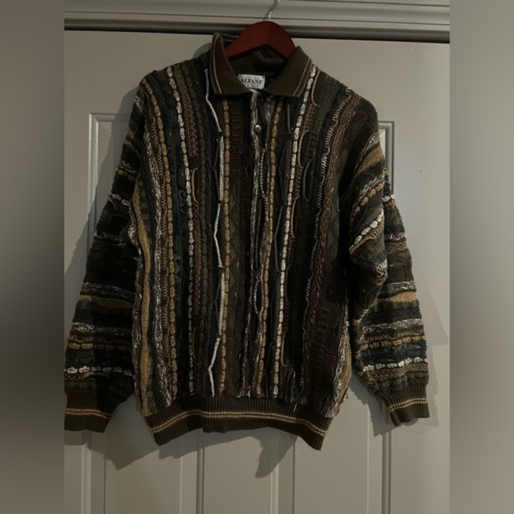 Vintage Alfani Sweater 90s Coogi Style Cosby 3D Textured Hip Hop Collared G3